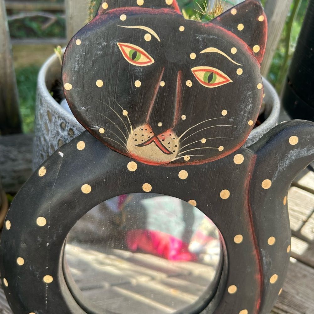Vtg 90s Whimsical 12.5” X 8” Black Polk a Dot Cat Boho Mirror Indonesia - Picture 12 of 15